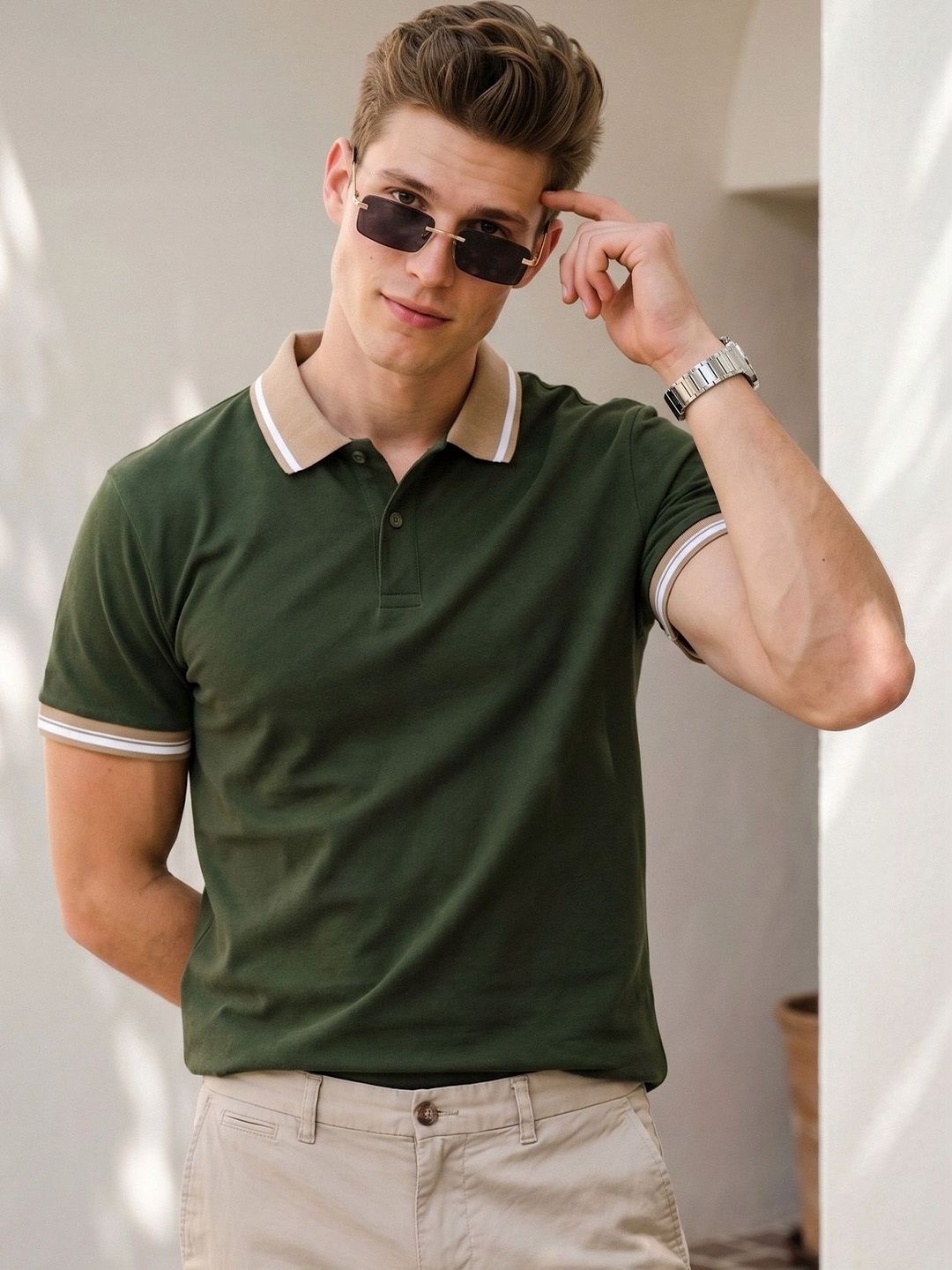 VEIRDO Men Olive Solid Regular Fit Pure Cotton Polo T-Shirt