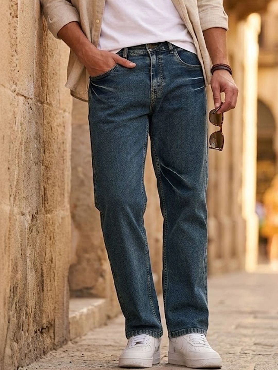 Urbano Fashion Men Light Blue Regular Fit Heavy Washed Denim Stretchable Jeans