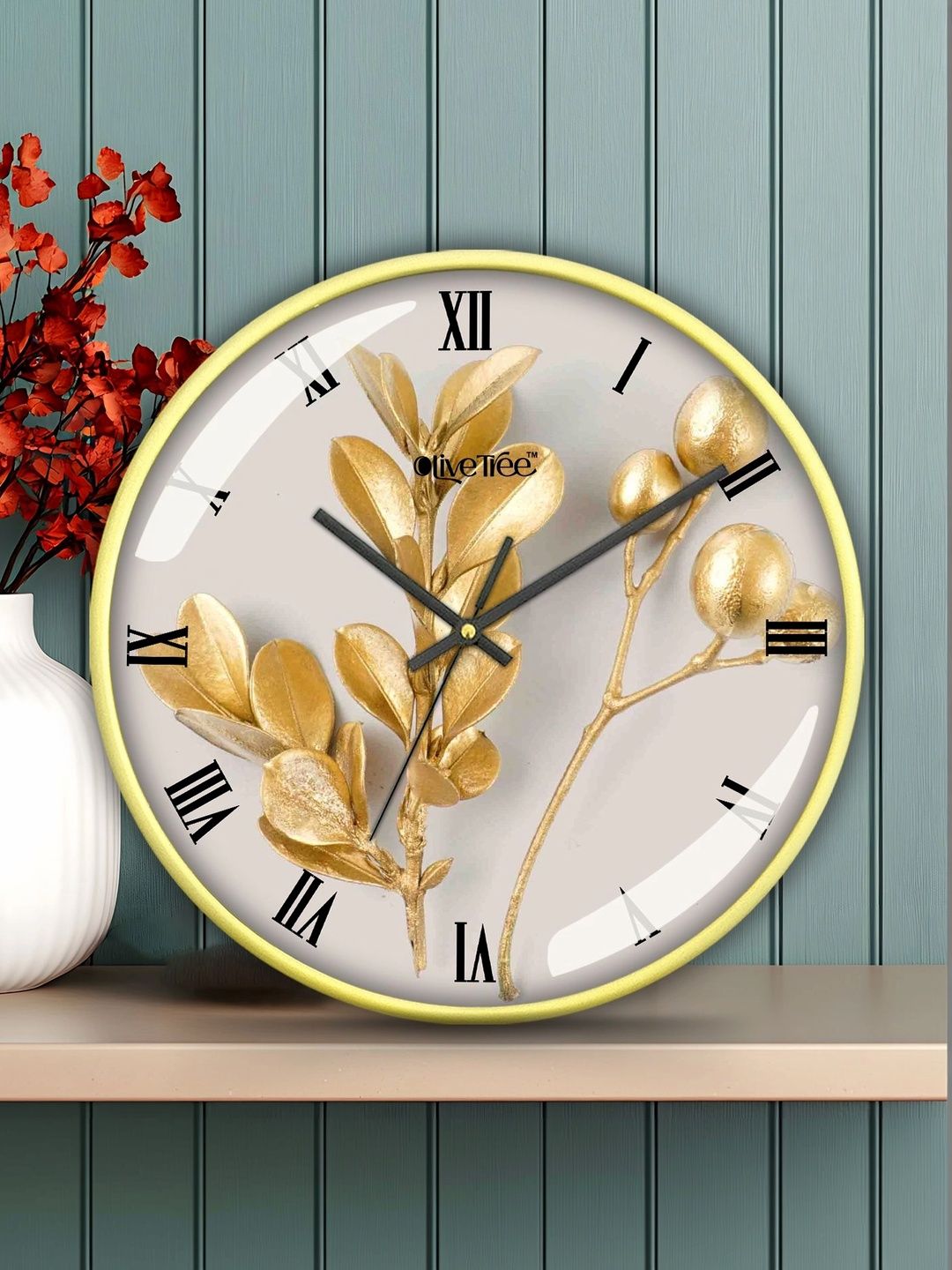 OLIVE TREE OLIVE TREE Gold-Toned & White Printed Contemporary Wall Clock