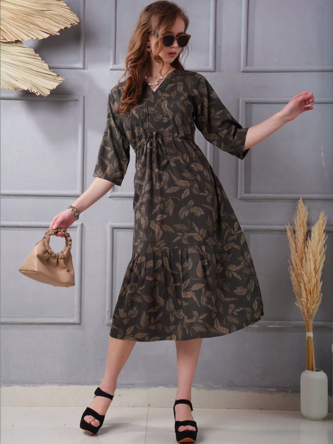 Minelli Floral Print A-Line Midi Dress