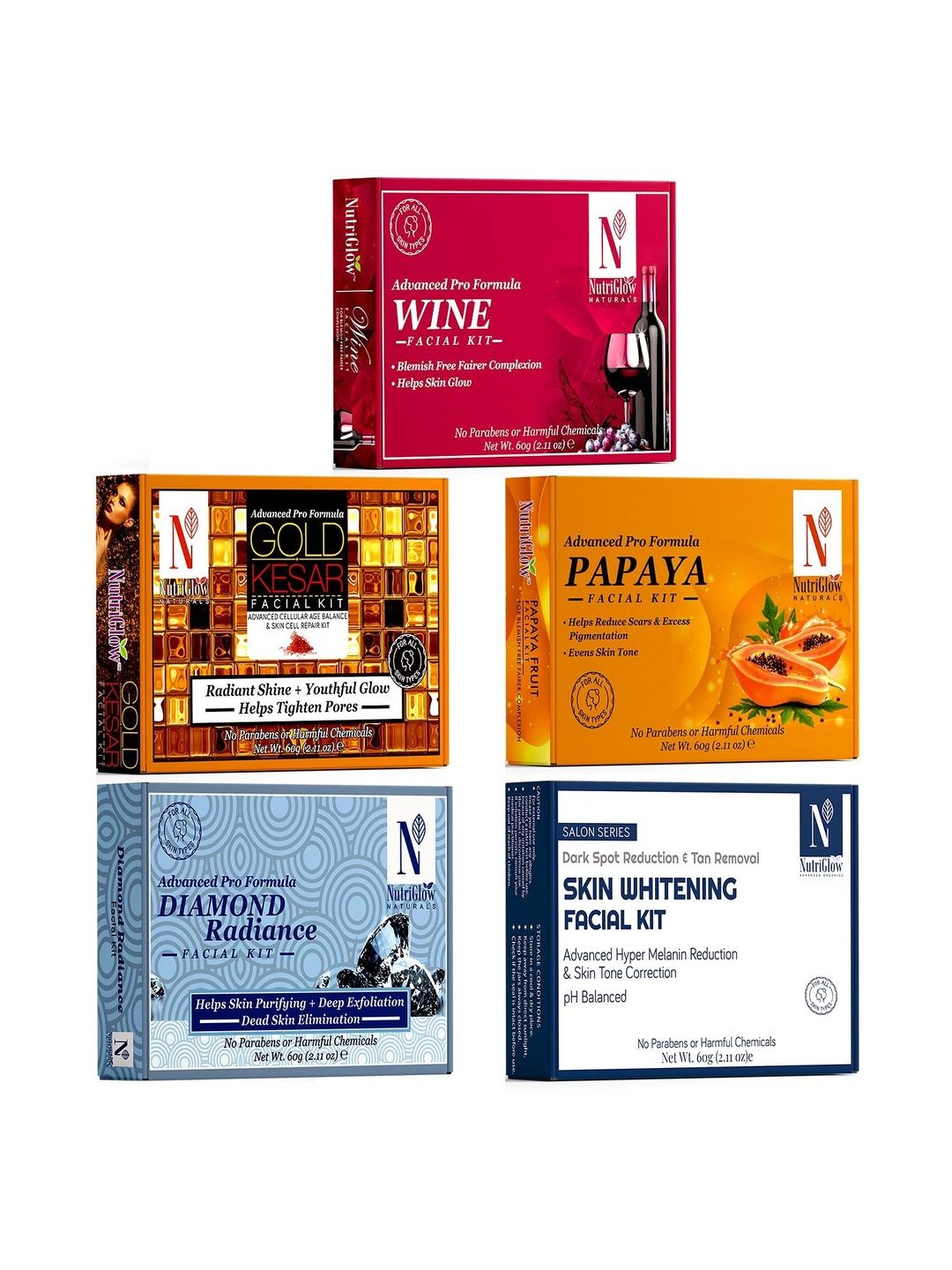 NutriGlow Unisex Set of 5 Facial Kit For Glowing Skin- Tan Removal- All Skin Types
