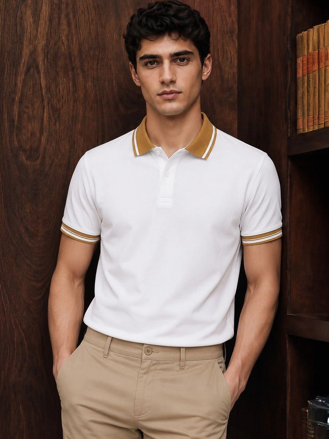 VEIRDO Men White Solid Regular Fit Pure Cotton Polo T-shirt