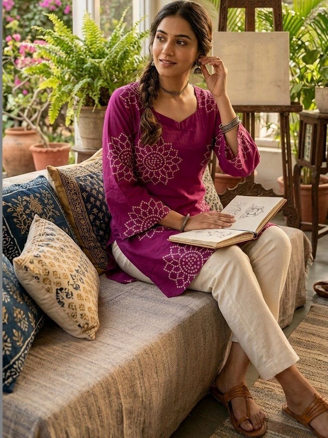 Anouk Rustic Ethnic Motifs Printed Square Neck Pure Cotton Kurti