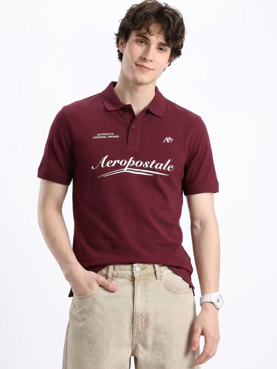 Aeropostale Brand Logo Printed Polo Collar Pure Cotton T-shirt