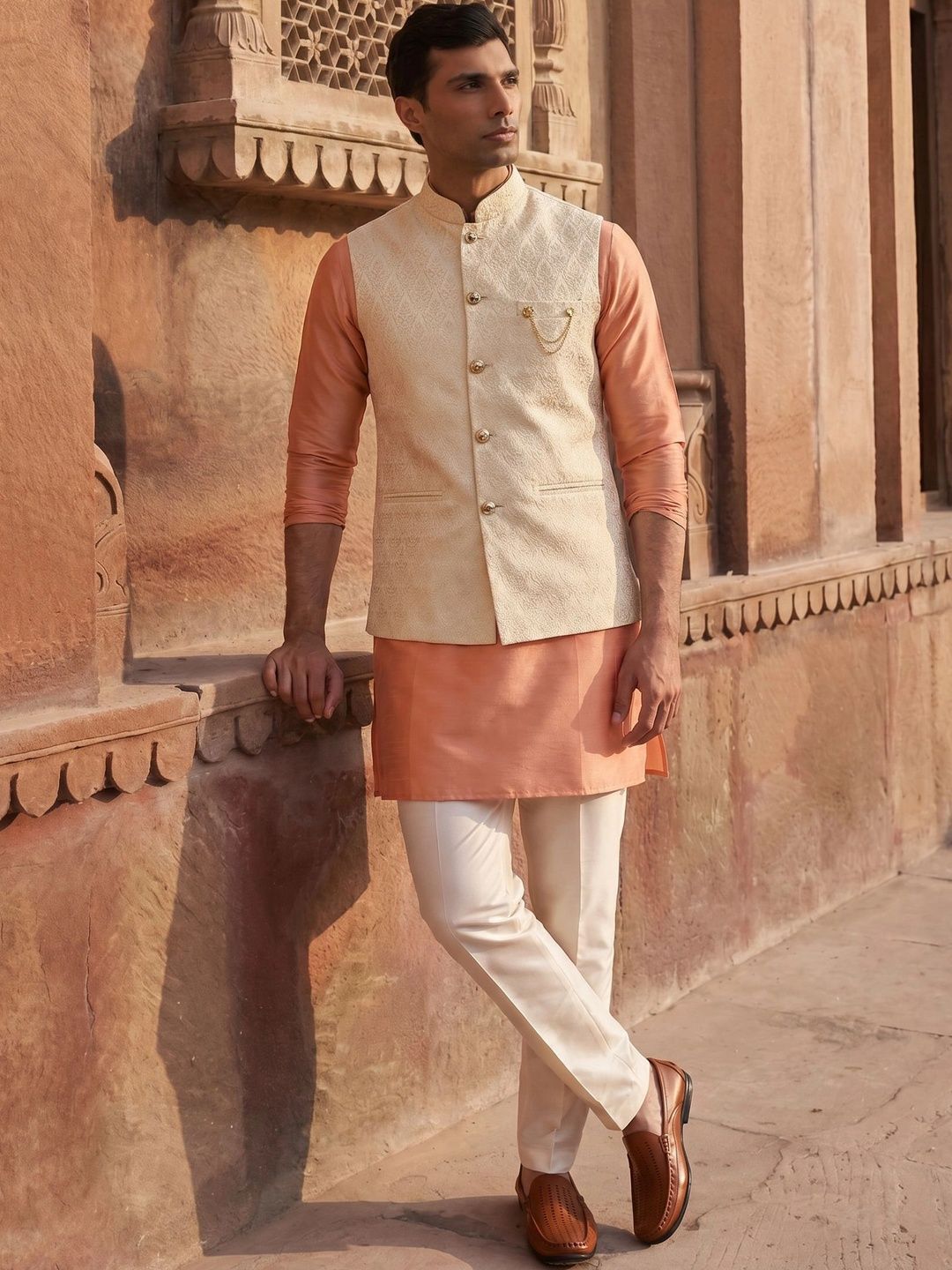 KISAH Woven Designed Mandarin-Collar Nehru Jacket