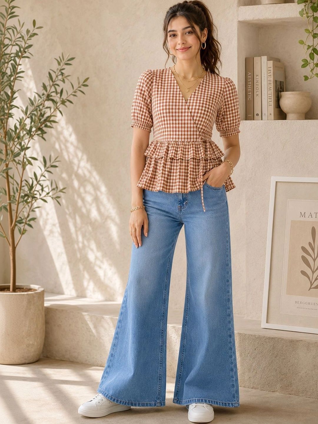 DressBerry DressBerry Checked Puff Sleeve Ruffles Cotton Wrap Top