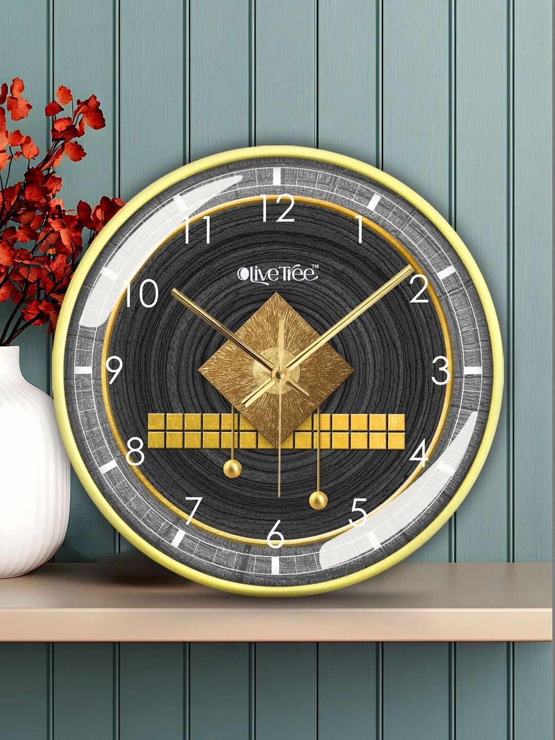 OLIVE TREE OLIVE TREE Gold-Toned & Black Printed Contemporary Wall Clock