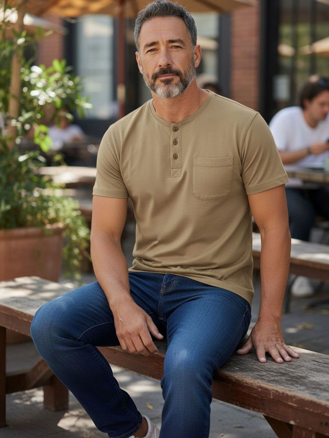 ALARM Men Henley Neck Pockets Slim Fit T-shirt