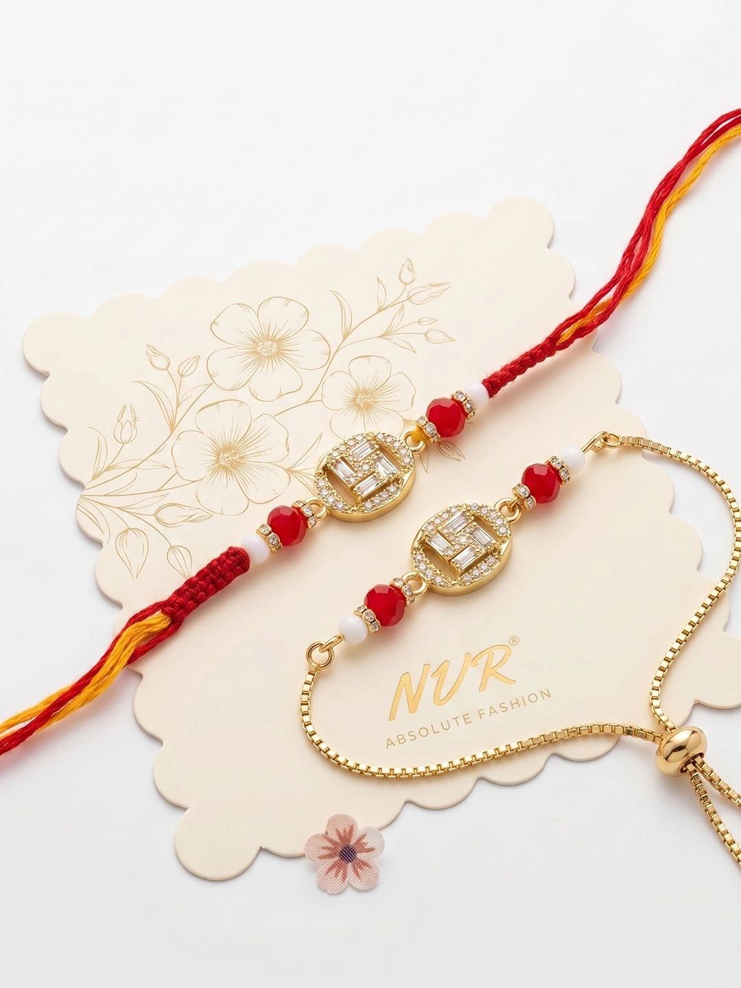 NVR Set Of 2 Artificial Stones & Beads Swastik Bhaiya Bhabhi Rakhi With Roli Chawal