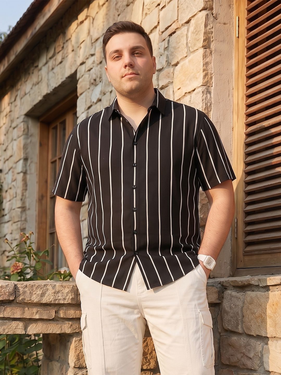 Sztori Plus Size Vertical Striped Pure Cotton Casual Shirt