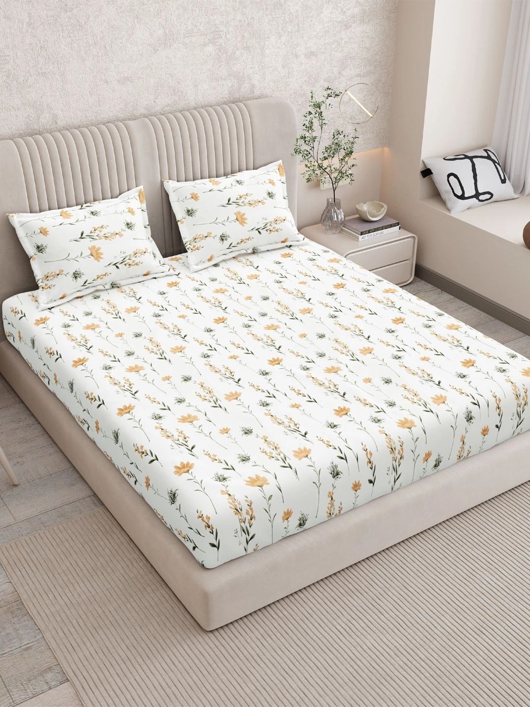 Sangria Sangria White Floral 210 TC Bedsheet with 2 Pillow Covers
