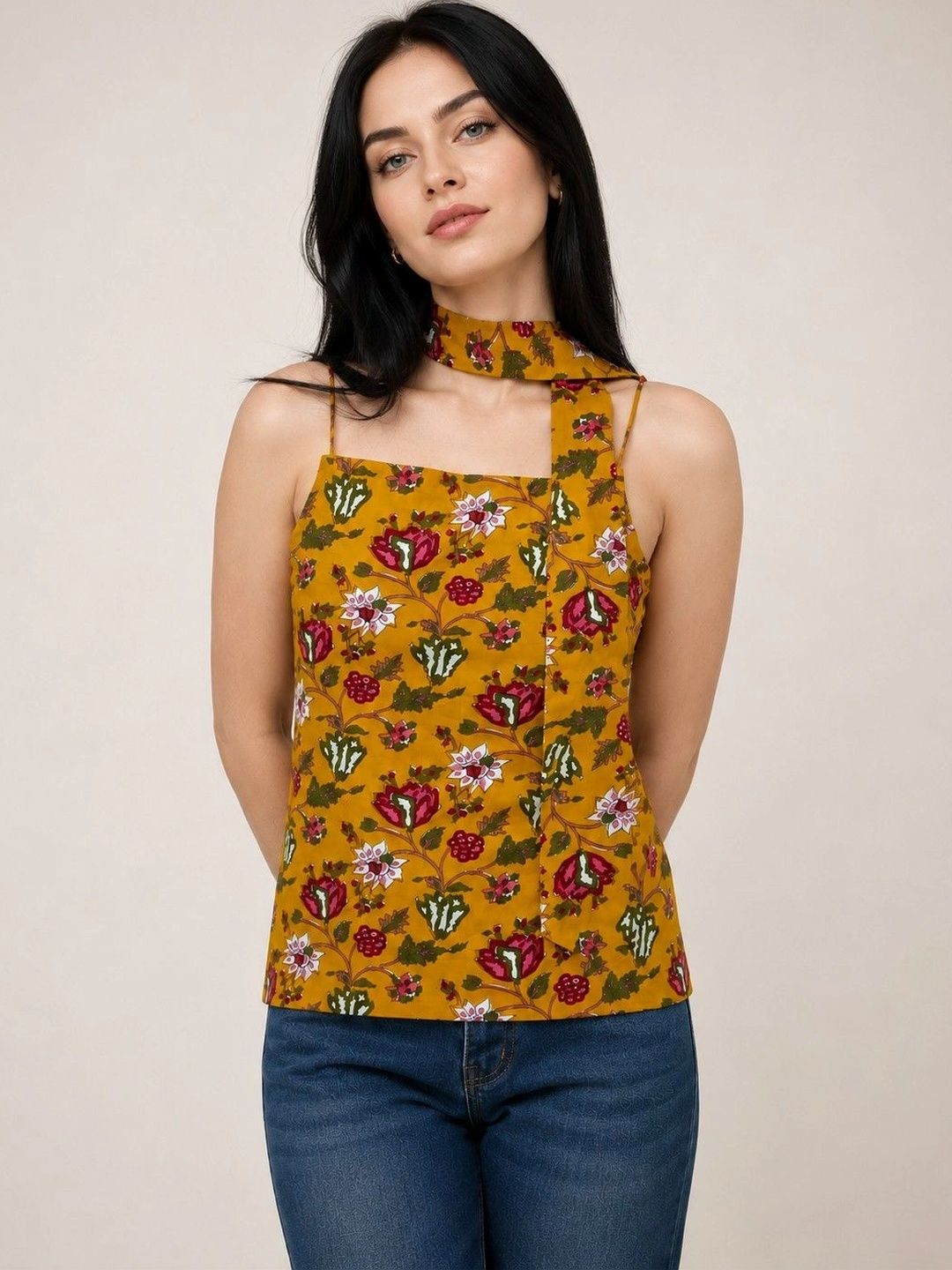 Magnetism Floral Print Tie-Up Neck Cotton Top