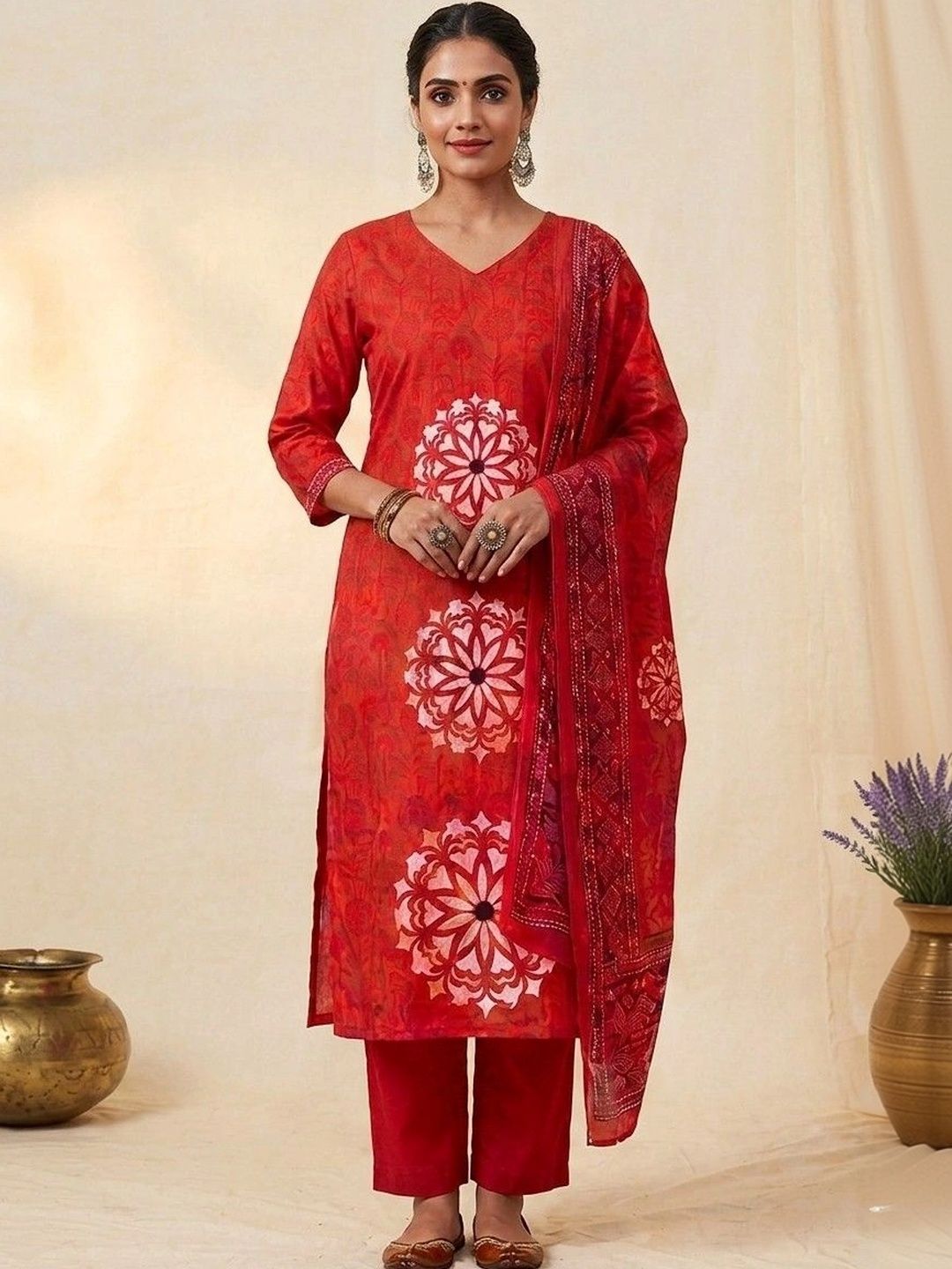 Vagmi Vagmi Women Ethnic Motifs Printed Regular Pure Cotton Kurta with Trousers & With Dupatta