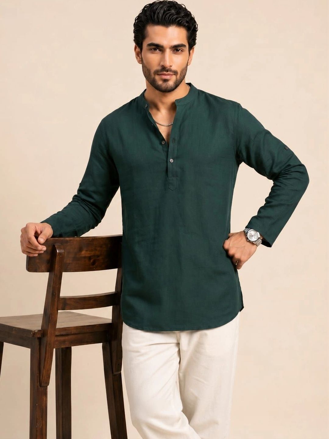 Anouk Men Green Solid Mandarin Collar Straight Short Kurta