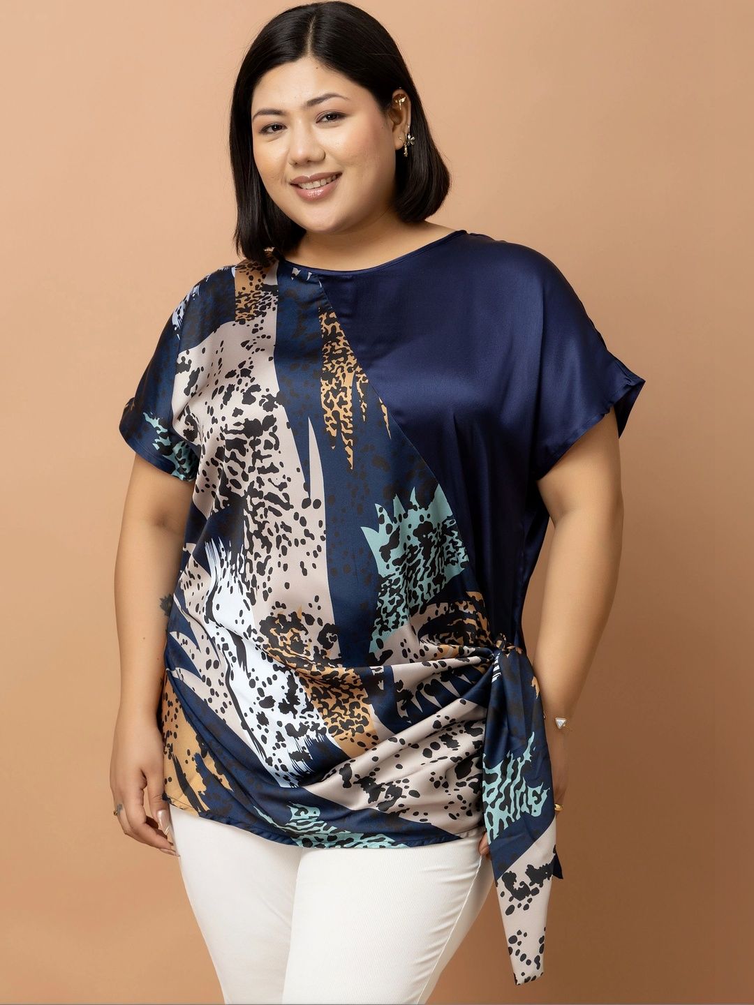 PURYS PLUS PURYS PLUS Animal Print Satin Blend Top