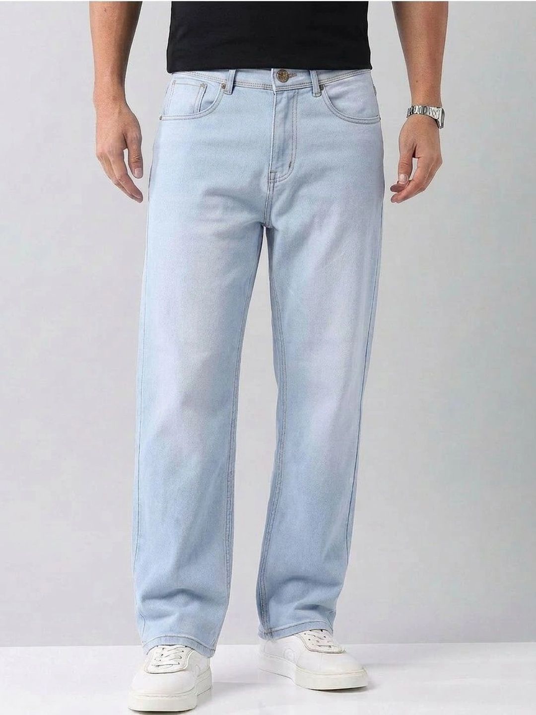 dolsia Men Straight Fit Mid-Rise Mildly Distressed Light Fade Stretchable Jeans