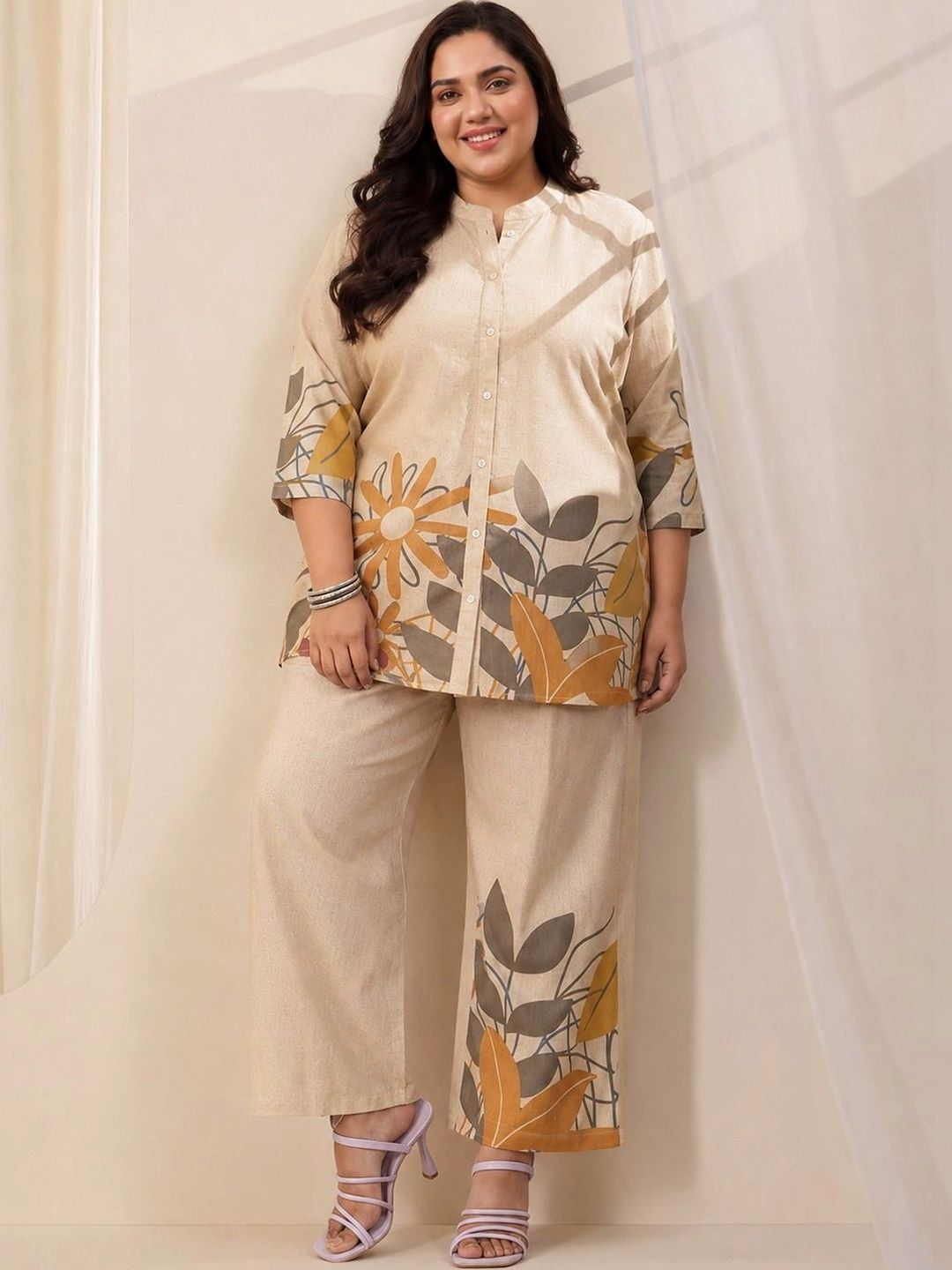 EXTRA LOVE BY LIBAS Plus Size Off White Printed Cotton Blend Co-Ord Sets