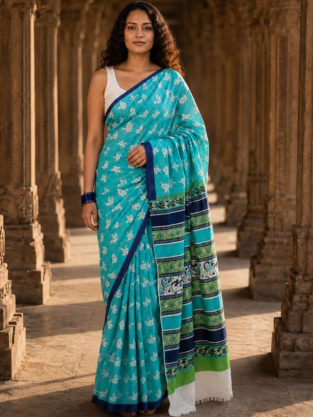 Mitera Floral Linen Blend Designer Block Print Saree