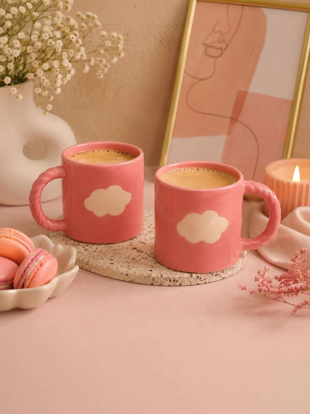 Lupaava Pink Printed Ceramic Glossy Mugs Set of Cups and Mugs
