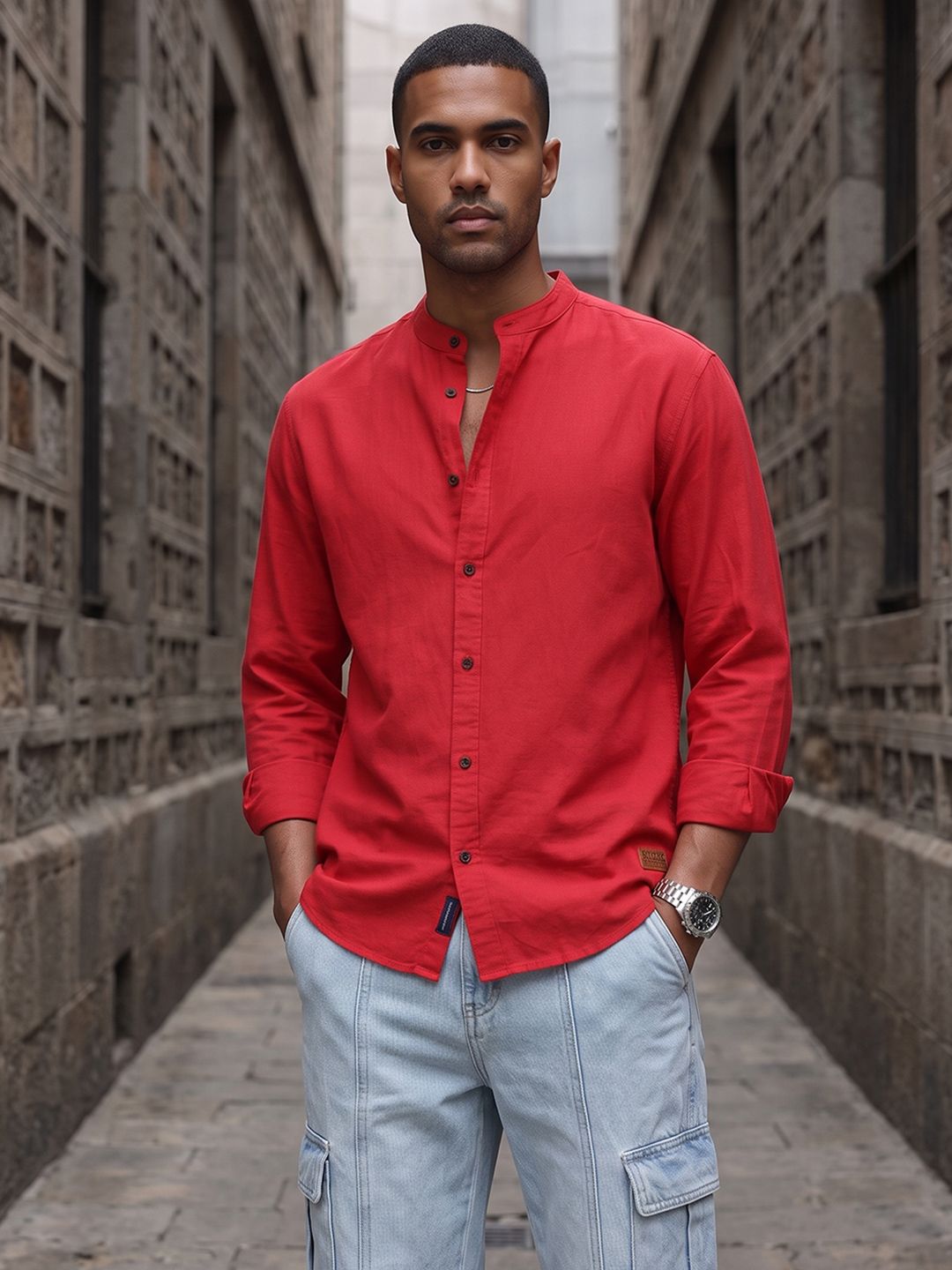 The Roadster Life Co. Band Collar Pure Cotton Casual Shirt