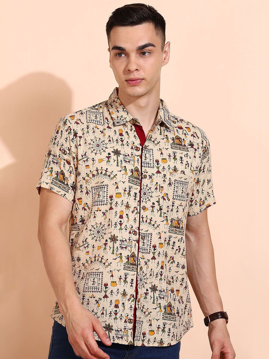 IKRASS Men Spread Collar Conversational Printed Cotton Casual Shirt