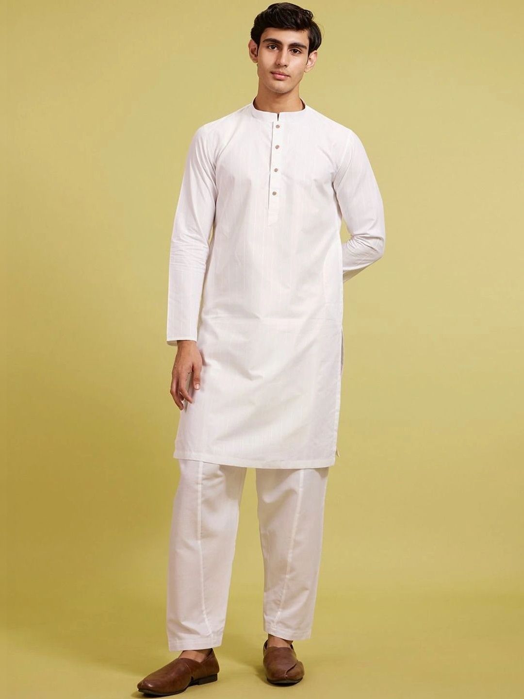 Diwas by Manyavar Striped Printed Woven Design Cotton Mandarin Collar Straight Kurta