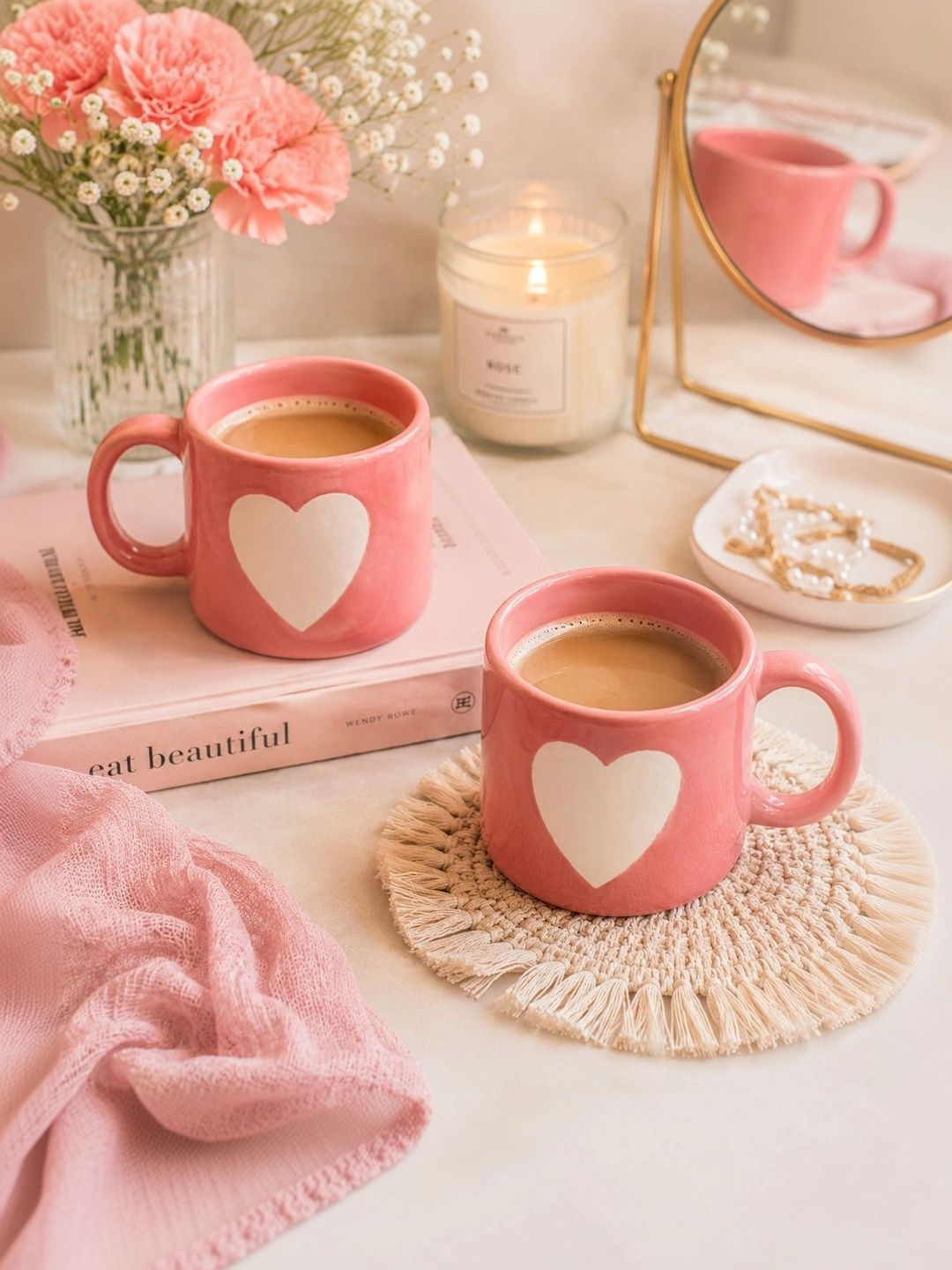 Lupaava Pink Printed Ceramic Glossy Mugs Set of Cups and Mugs