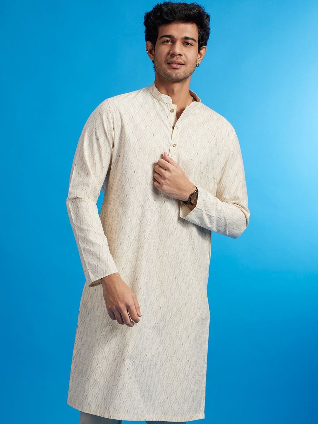 Diwas by Manyavar Geometric Printed Mandarin Collar Straight Kurta