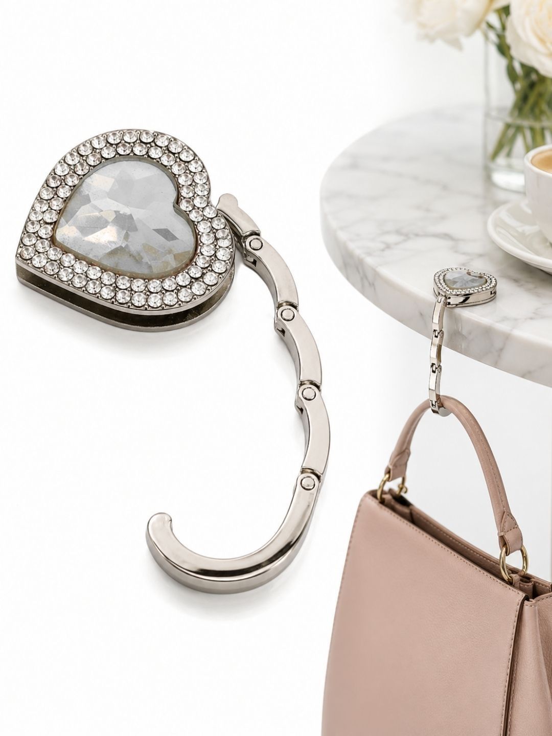 Premsons Grey & White Metal Bling Heart Shape Foldable Purse Holder Hook