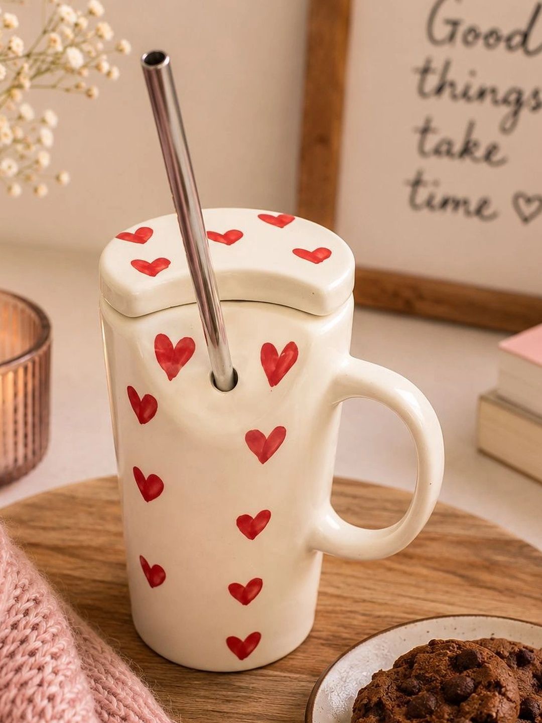 Lupaava White & Red Handcrafted Textured Ceramic Glossy Mugs Set of Cups and Mugs