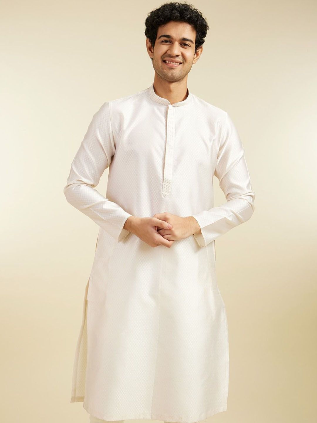 Diwas by Manyavar Ethnic Motifs Woven Design Mandarin Collar Thread Work Art Silk Kurta