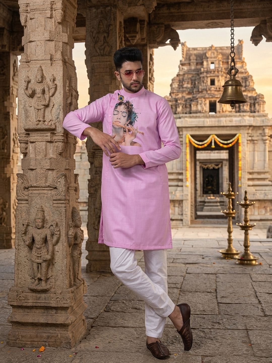 Dincharya Men Ethnic Motifs Printed Indie Prints Mandarin Collar Pure Cotton Kurta