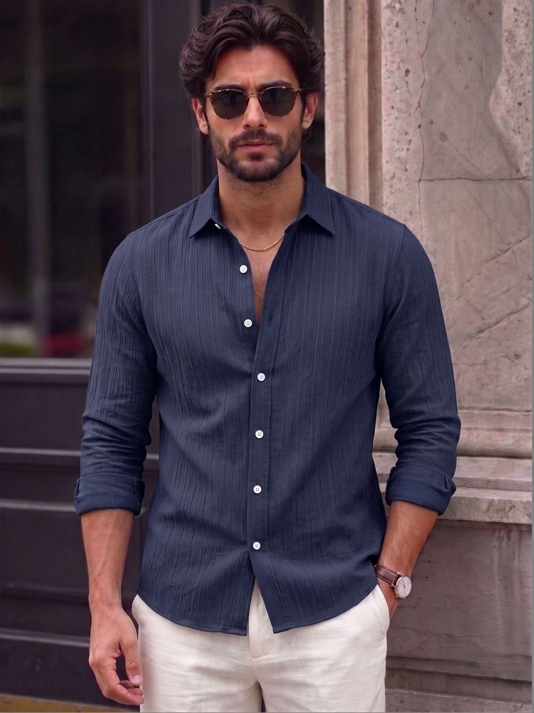 FINIVO FASHION Textured Long Sleeves Slim Fit Casual Shirt
