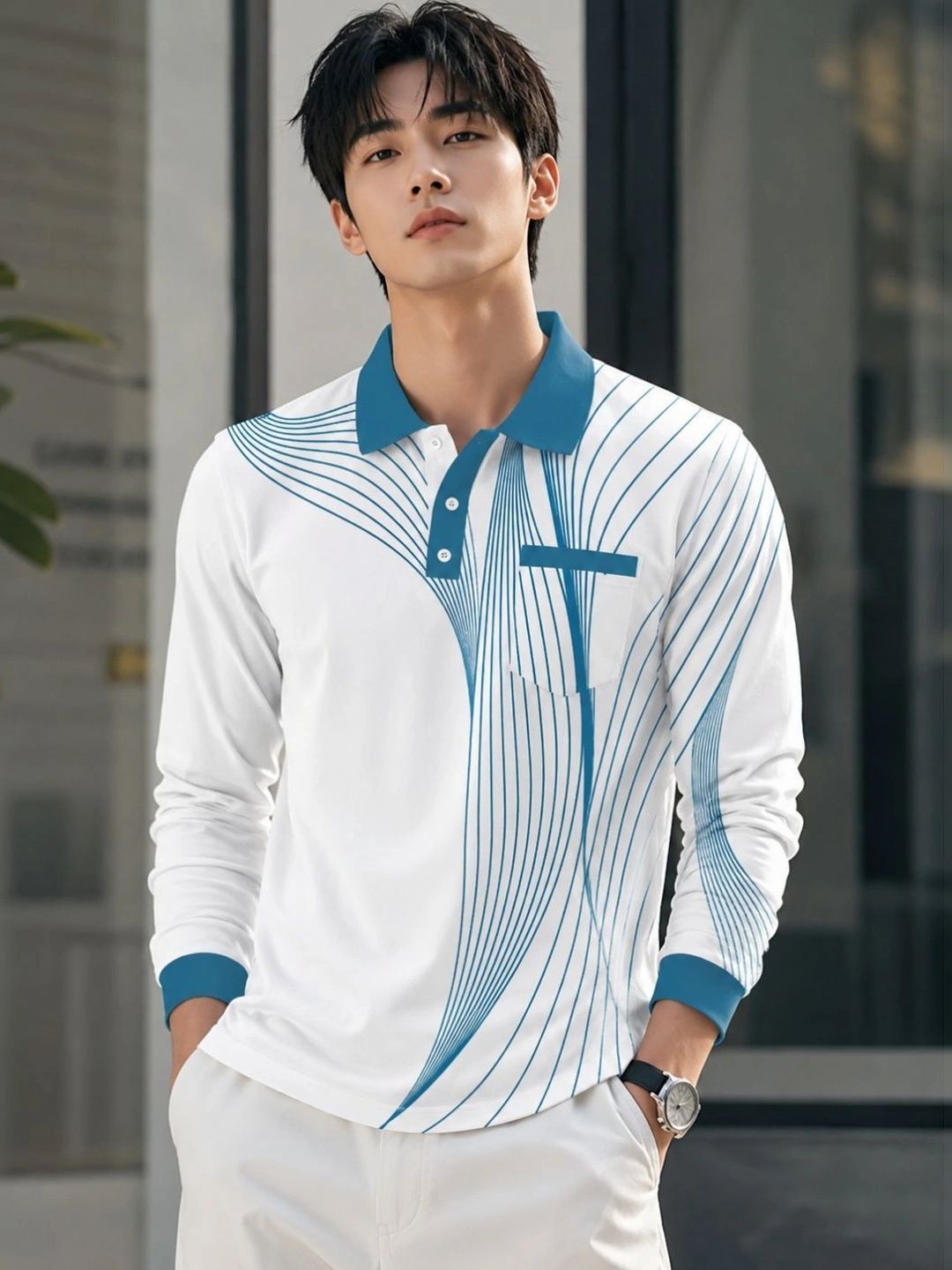 HERE&NOW Men Printed Polo Collar Pockets T-shirt