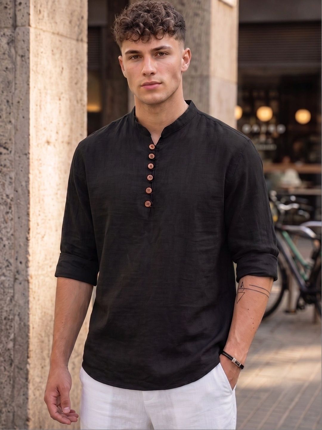 FINIVO FASHION Mandarin Collar Long Sleeves Shirt