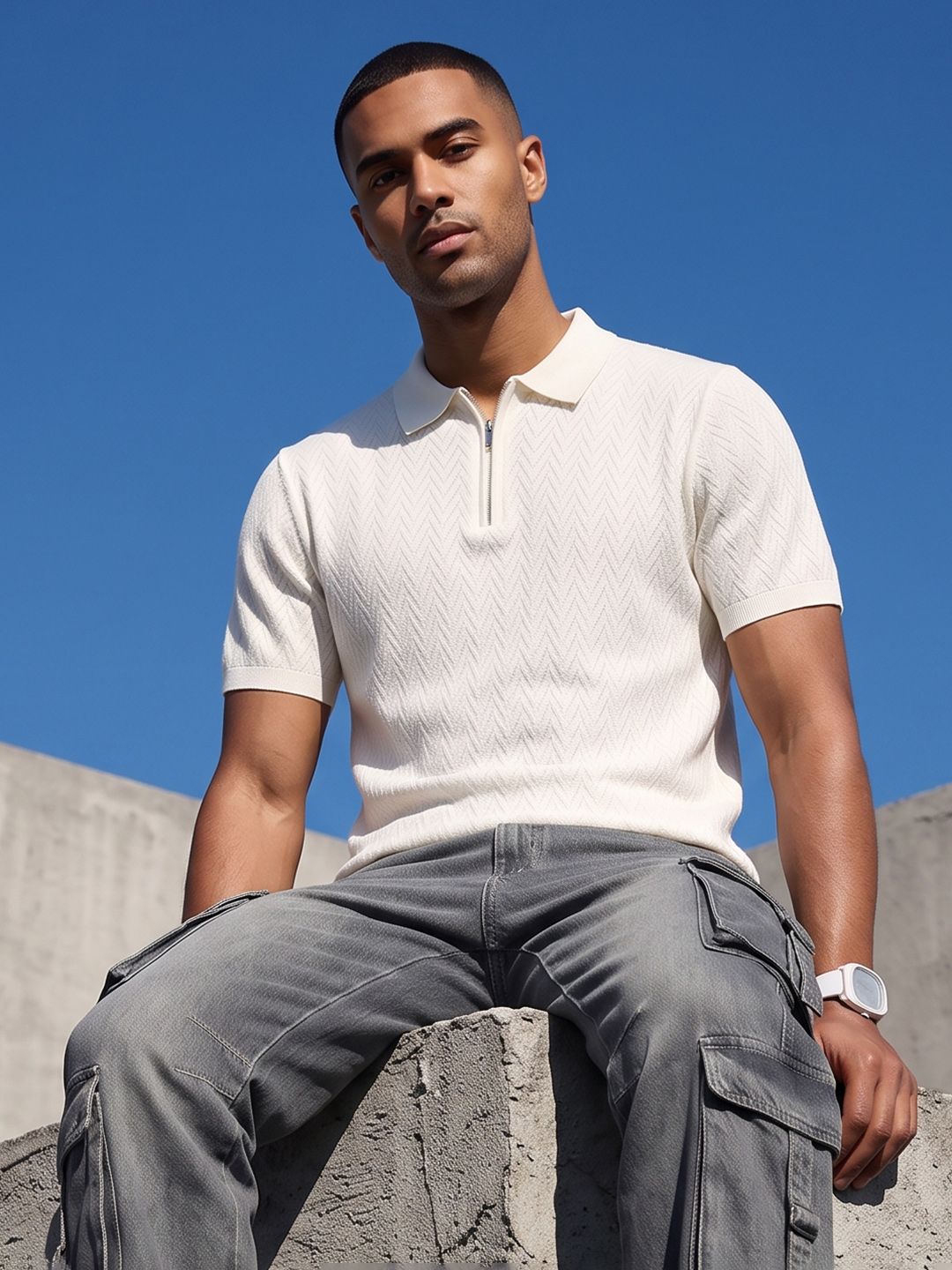 The Roadster Life Co. Polo Collar Self Design Textured Pure Cotton T-shirt