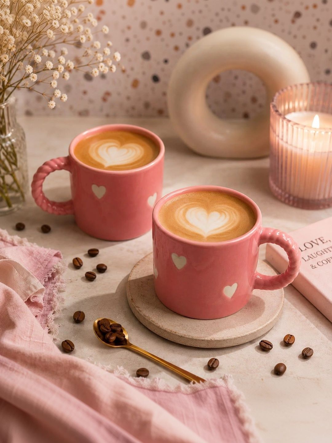 Lupaava Pink Printed Ceramic Glossy Mugs Set of Cups and Mugs