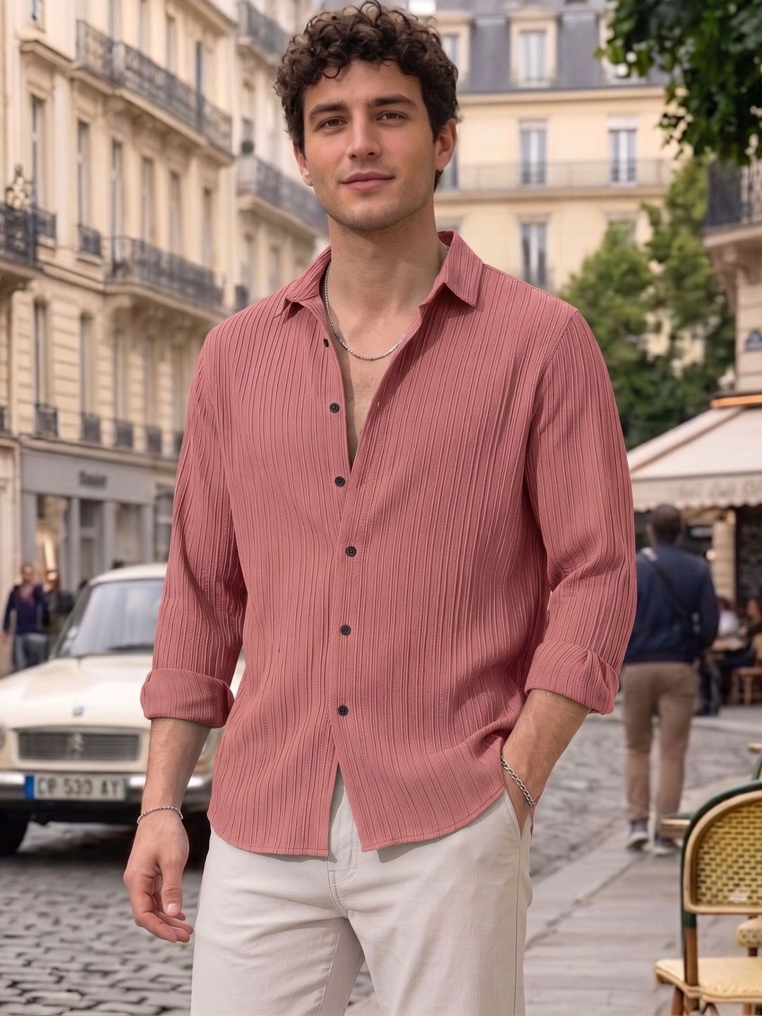 FINIVO FASHION Textured Long Sleeves Slim Fit Casual Shirt
