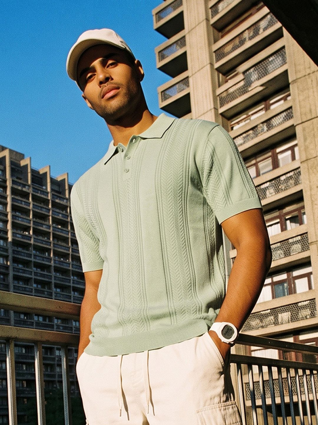 The Roadster Life Co. Polo Collar Self Design Textured Pure Cotton T-shirt