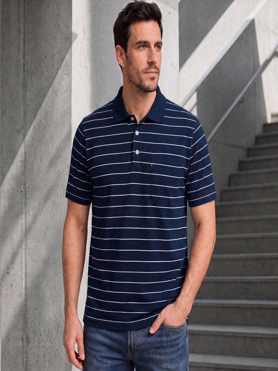 Moda Rapido Men Striped Polo Collar Pockets T-shirt
