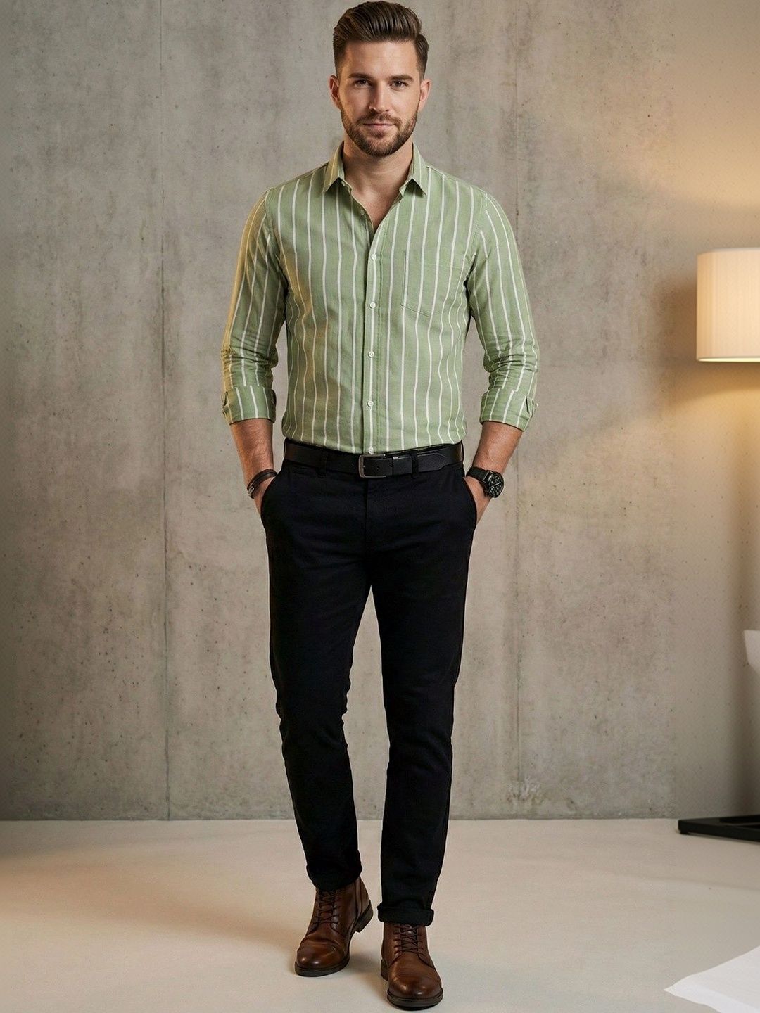 Studio-9 Men Classic Slim Fit Striped Casual Shirt