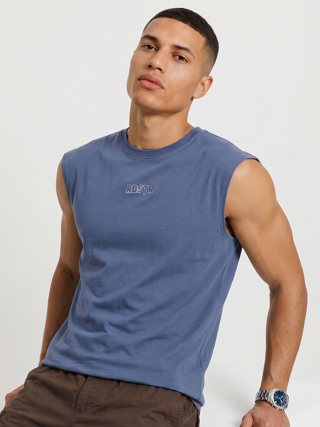 The Roadster Life Co. Typography Sleeveless Pure Cotton T-shirt