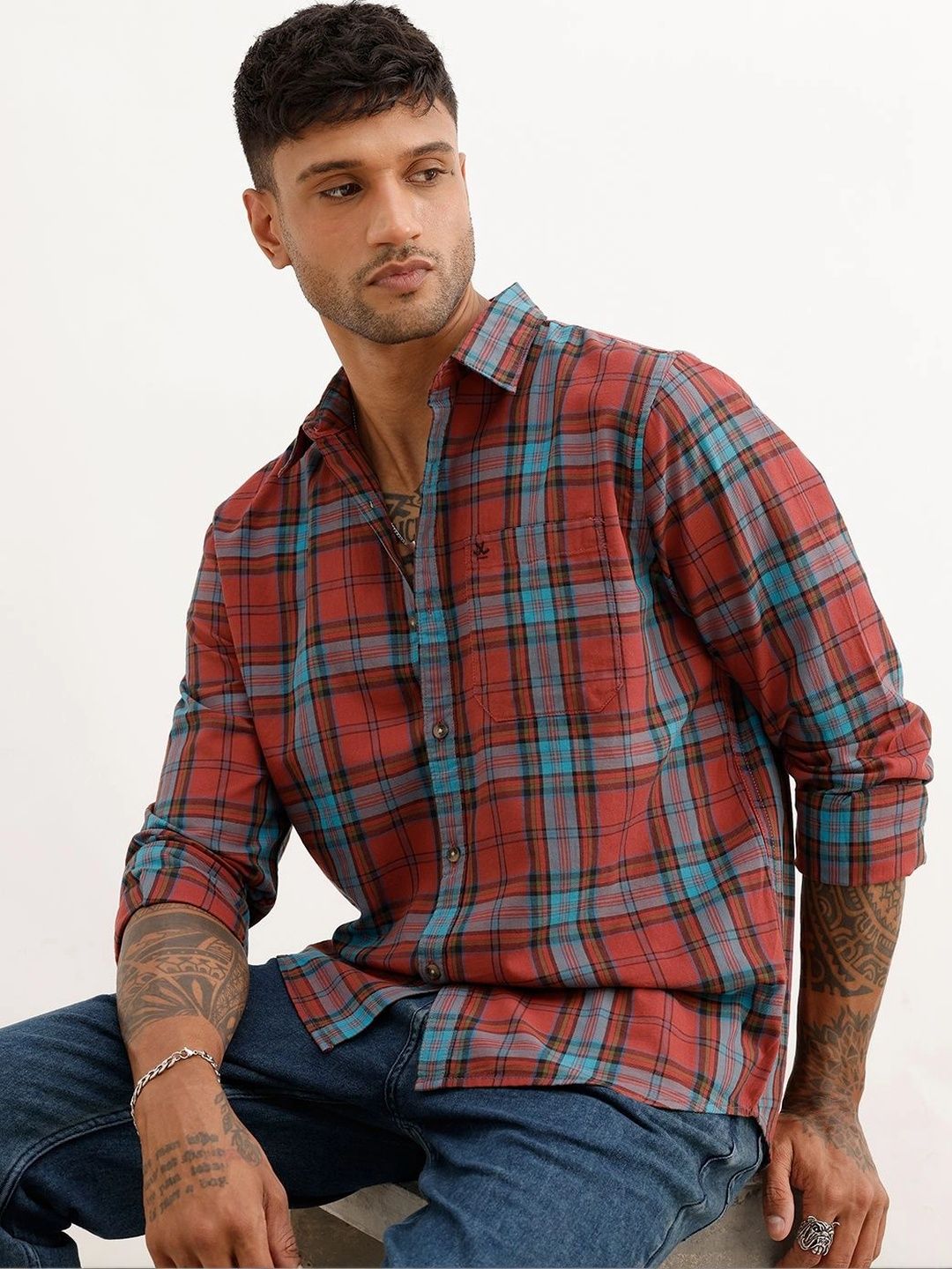 WROGN Men Slim Fit Tartan Checks Checked Casual Shirt