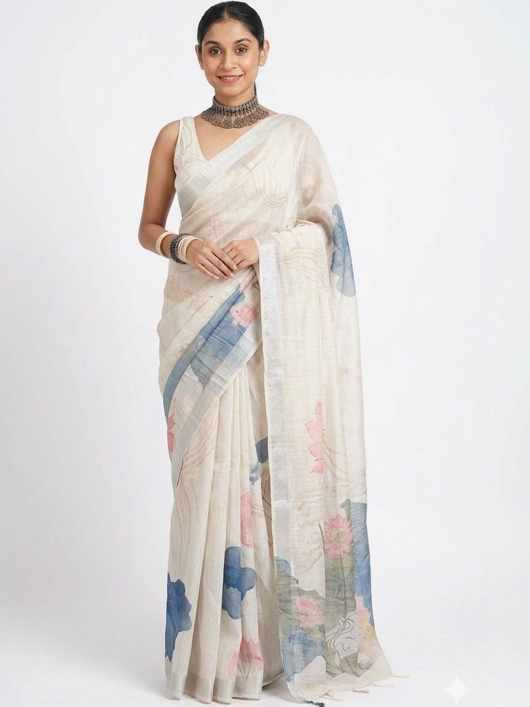 BE IN TEXO FAB Floral Pure Linen Bhagalpuri Saree