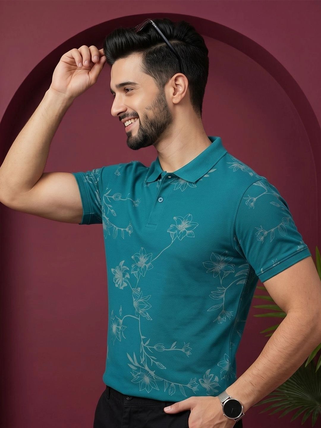 OGEN Men Floral Printed Polo Collar T-shirt
