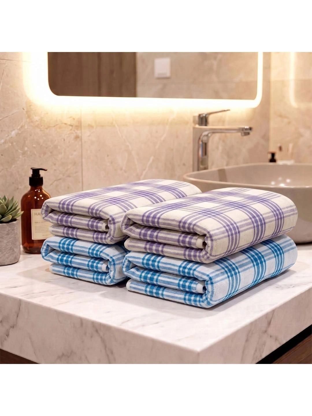 Athom Living Athom Living Set Of 4 Lavender-Colored & Blue Striped Cotton Hand Towels