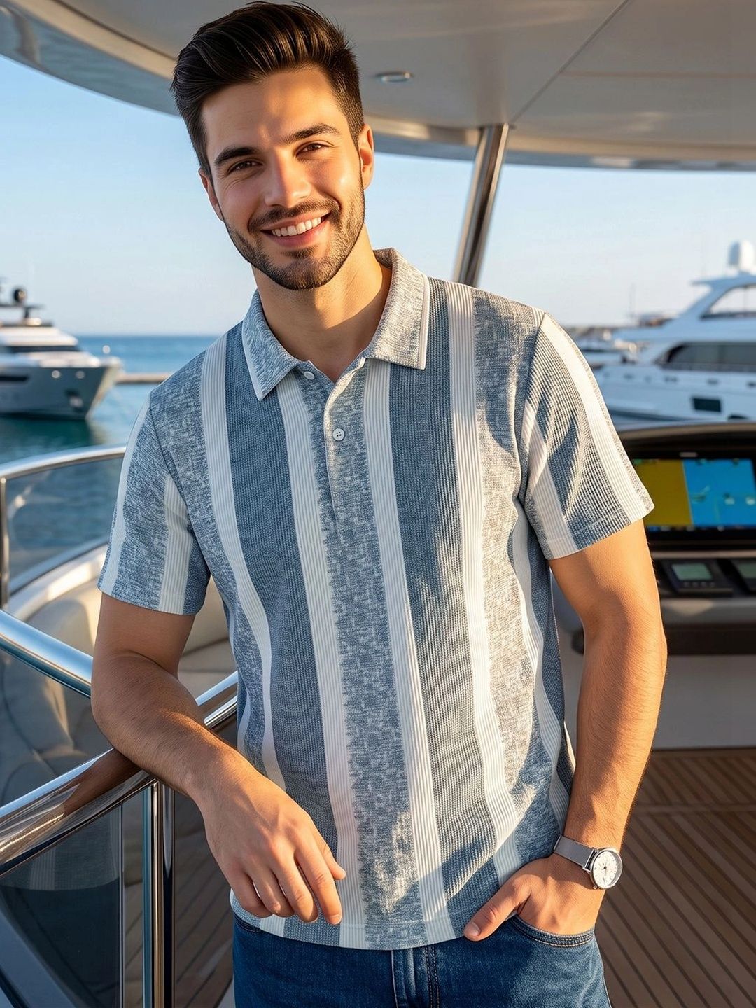OAKWYN Men Striped Polo Collar T-shirt