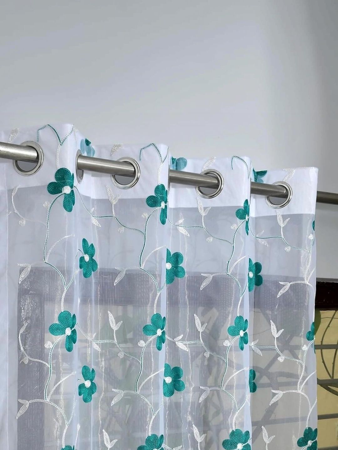 Homyra Decor Homyra Decor Sea Green Set of 2 Floral Sheer Door Curtain