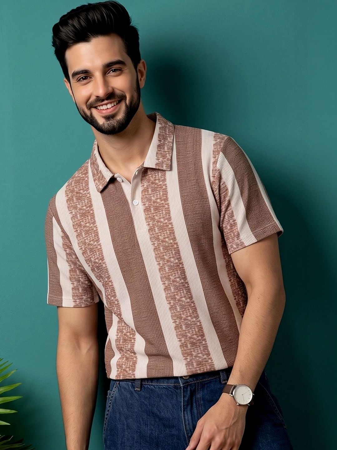 OAKWYN Men Striped Polo Collar T-shirt