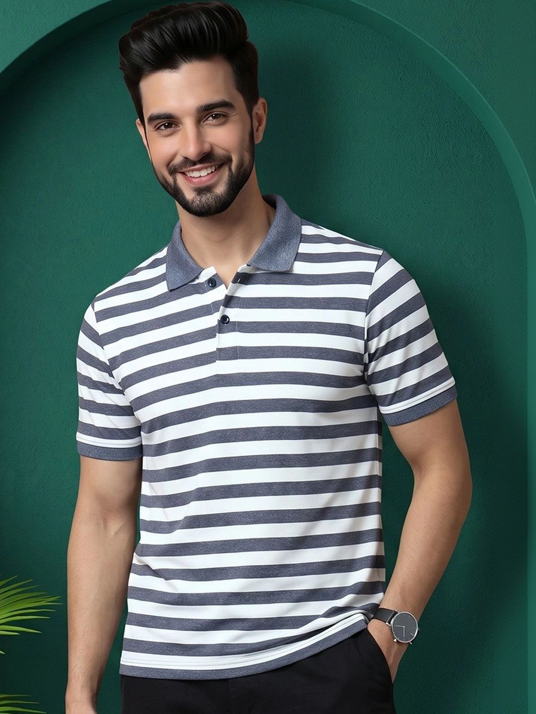 OGEN Men Striped Polo Collar T-shirt